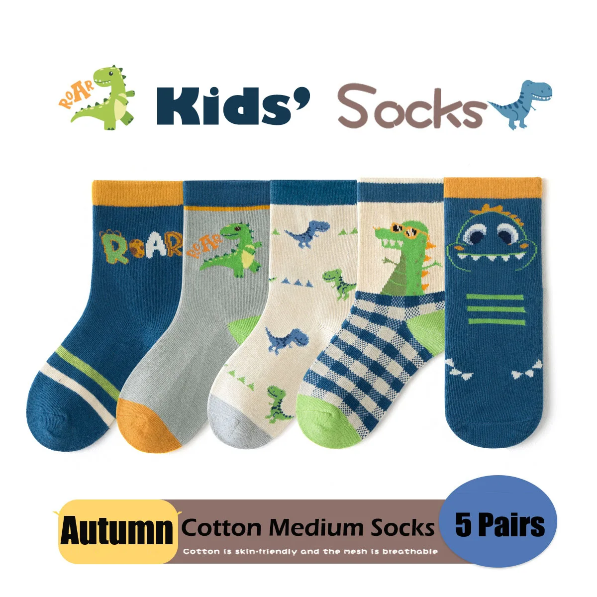 Baby Socks Autumn Cartoon Dinosaur Socks Boys Mid Calf Cotton Socks A Class  Kids Socks 5 Pairs/bag