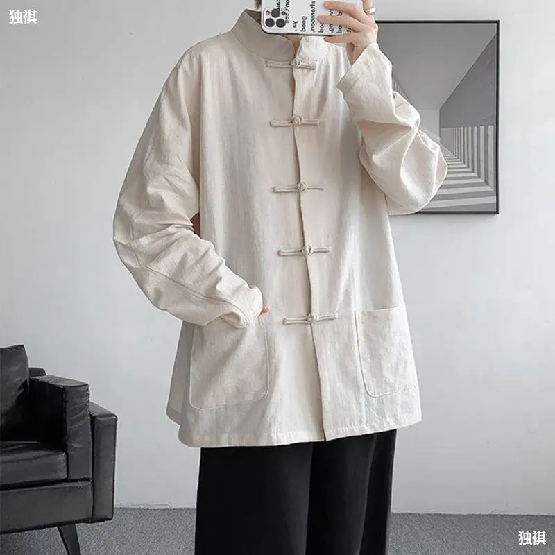 

Chinese Hanfu Traditional Clothes Lmproved Hanfu Cotton Qipao Top Autumn Spring CasualOutwear Male Big Size Shirt Kungfu Jackets