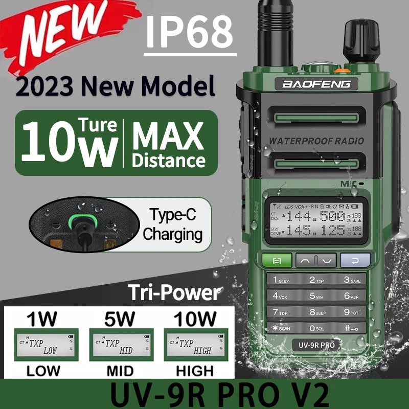 Baofeng UV-9R 프로 V2 방수 무전기, IP68 C 타입 충전기, VHF UHF 햄 라디오, 50km 장거리 업그레이드, UV-9R 플러스