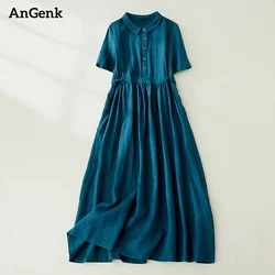 Bawełniane sukienki z krótkim rękawem w stylu Vintage w jednolitym kolorze dla kobiet 2023 nowy letni swobodny długi sukienka na wakacje szata Femme eleganckie ubrania