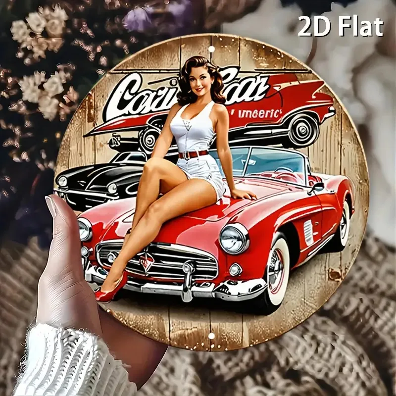 [مسطح [مسطح] لافتة معدنية من القصدير للسيارة العتيقة - ديكور حائط دائري من الألومنيوم مع رسم توضيحي لفتاة السيارة الكلاسيكية، سيارة حمراء قديمة