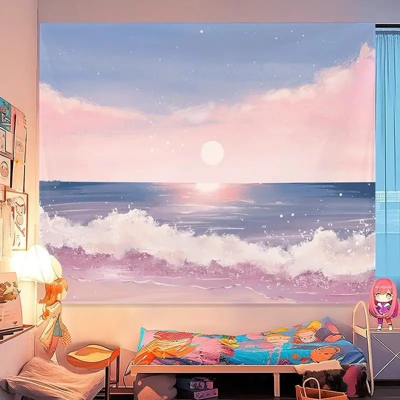 VIKAMA Ocean Sunset Wandteppich, ästhetischer Wandbehang mit Strand- und Meerblick, gemütliche Vlies-Dekoration für Wohnzimmer, Schlafzimmer, 150 x 130 cm ​