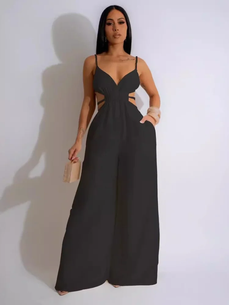 

Three Sisters 2025 Summer New Solid Sleeveless Women's Wide Leg One-piece Trousers Backless Fashion Versatile Sexy Temperament