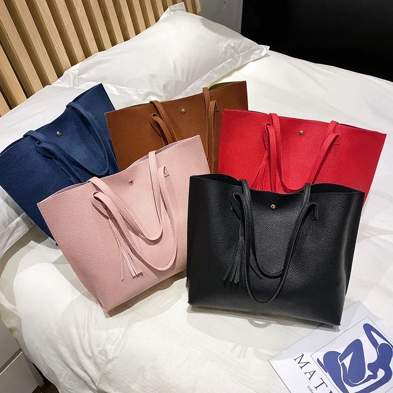 Shoppers Large Capacity Ladies Bucket Bags Classic Design Handbag PU Leather Luxury Shoulder Bag Lady Solid Color Underarm Bag