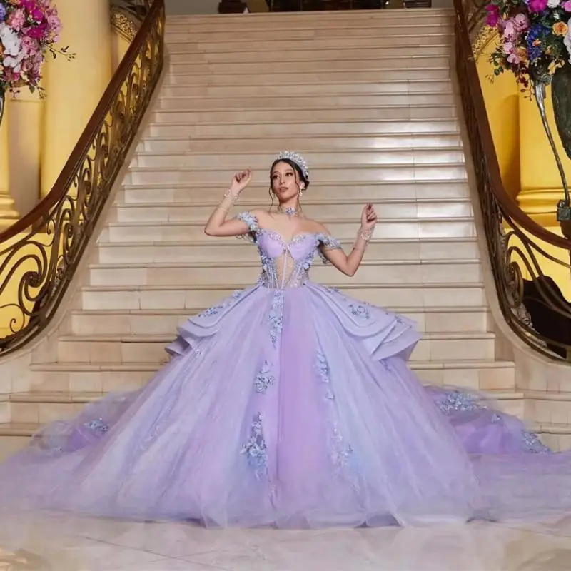 

Customized Exquisite Lilac Purple Quinceanera Dresses Ball Gown Corset Bead Floral Applique Birthday Party vestidos de 15 años