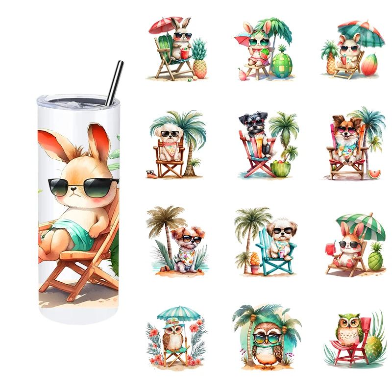 LETOP 1PCS Summer Vacation Style Beach Animals Dtf Uv Glass Sticker Decorative Tumbler 20oz Lovely Beach Dogs