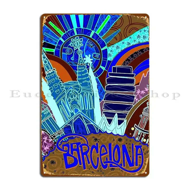 Letrero Metálico Decorativo con Diseño Abstracto Psicodélico de Viajes y Turismo de Barcelona, España, para Sala de Estar, Bar o Cueva