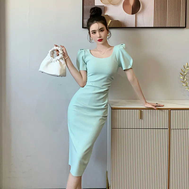 Nữ Xanh Bodycon Đầm Cổ Tròn Tay Phồng Đầm Dây Nữ Mùa Hè Eo Midi Vestidos