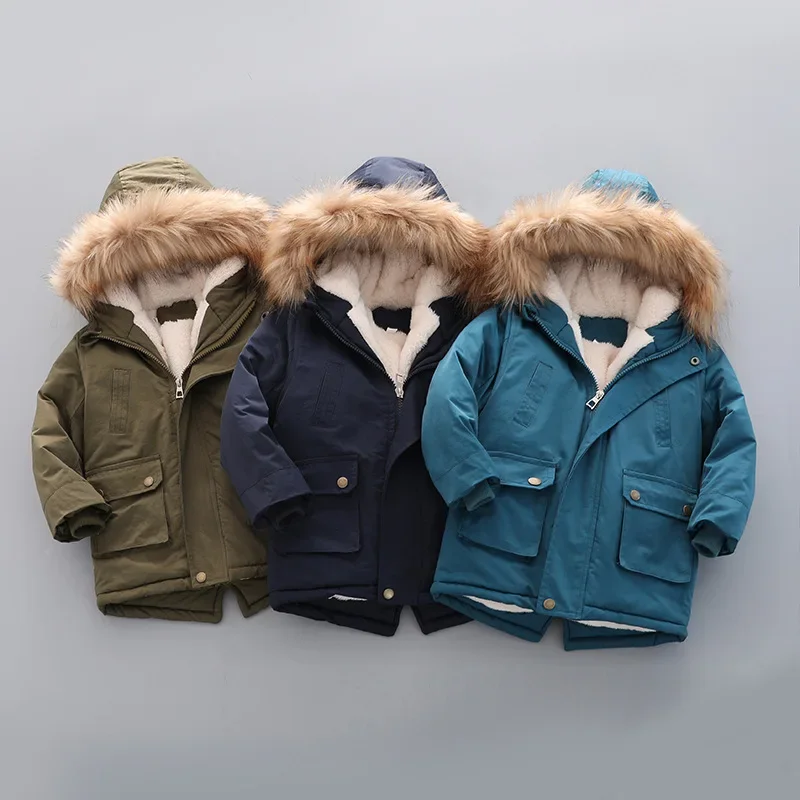 3 4 5 6 7 Year Winter Boys Jacket Windbreaker Keep Warm Thicken Fur Collar Girls Coat Hooded Children's Outerwear Kids Clothes