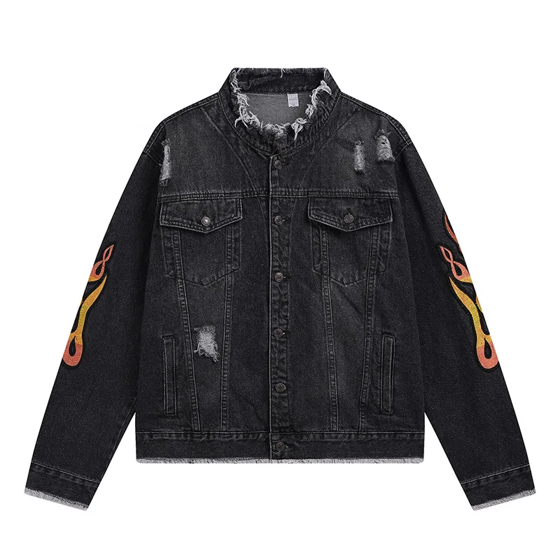 

New 2023 Gentleman Men Holes Long Sleeve Embroidery Flame Denim Baseball Coats & Jackets Abstract digital Coat Warm #297