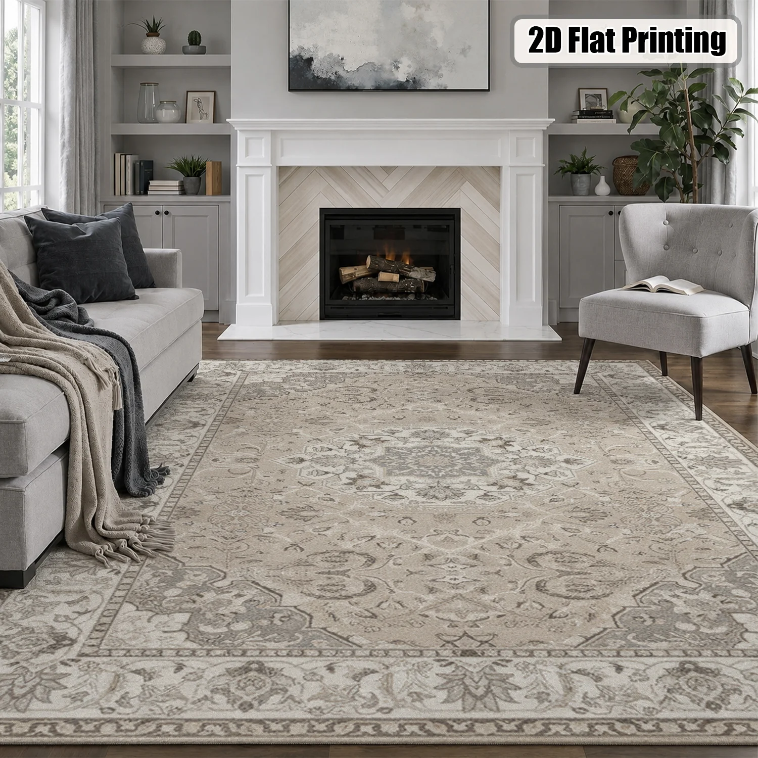 Large Indoor Area Rug, Soft Velvet Low Pile, Non-slip Dotted Backing, Machine Washable Vintage Persian Medallion Rug in Neutral Gray Beige for Living Room, Bedroom Home Decor - view 5