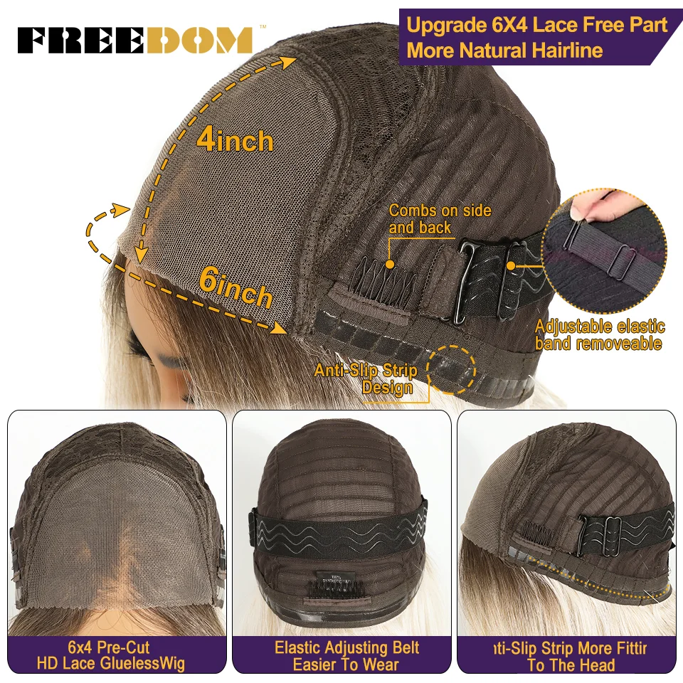 FREIHEIT Synthetische Lace-Front-Perücken für Frauen, kurzer Bob, geschichtet, gerade, 6 x 4, Wear And Go, leimlose Perücke, Ombre, vorgezupfte Spitzenperücken – Detail 6