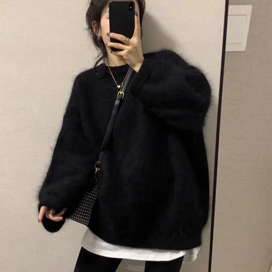 Oversize New Autumn Winter Soft Mohair Sweater Chic Fashion Women O Neck Thick Warm Mink Cashmere Knitted Loose Casual Pullovers