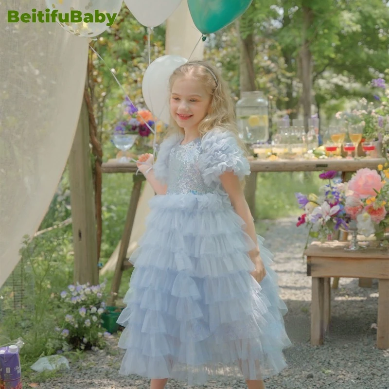 BeitifuBaby-vestido de festa infantil, estilo princesa, manga curta, top de lantejoulas, saia com renda, vestido de baile, vestido de flores, 2022