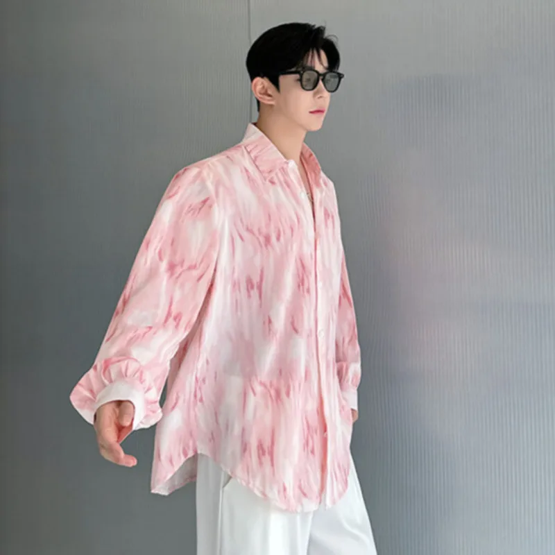 IEFB Korean Style Men's Long Sleeve Shirt Tie-dyed Male Lapel Shirts 2024 Summer Autumn New Stylish Casual Top Tide 9C6977