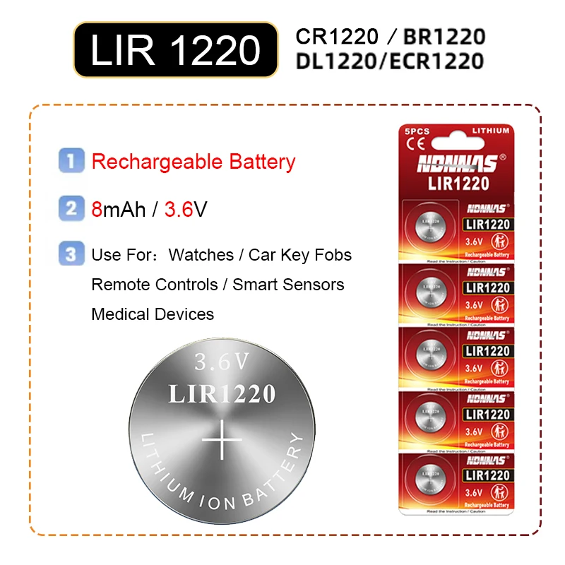 

LIR1220 3.6V Lithium Rechargeable Battery Replace CR1220 BR1220 LM1220 DL1220 For Watch Remote Control Camera Clocks
