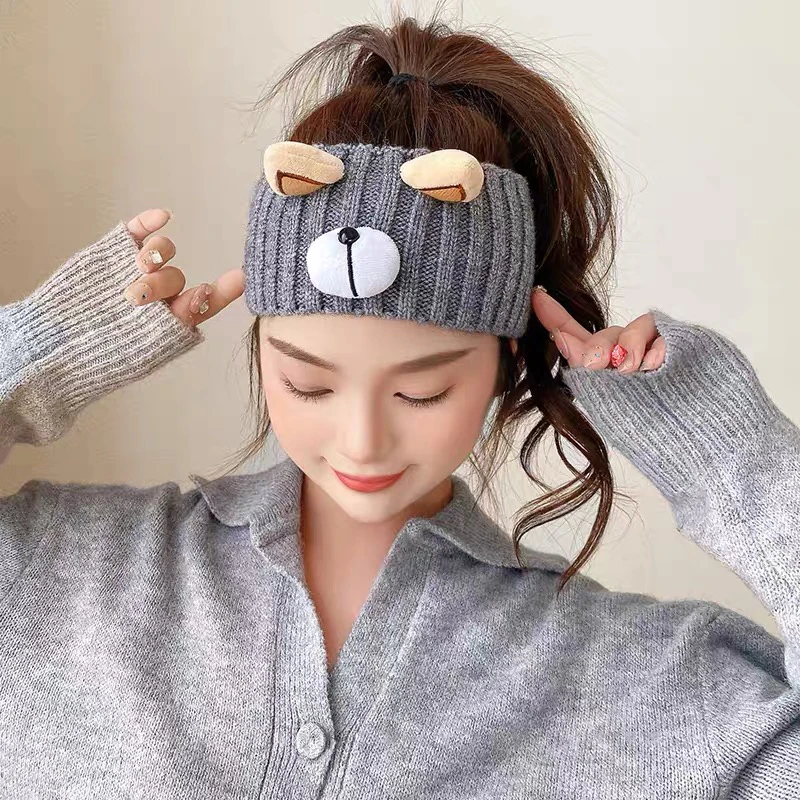 AWAYTR Cute Bear Knitted Turban Headband Autumn Winter Warm Elastic Hair Band Cross Headwrap Bandana for Women Hair Accessories