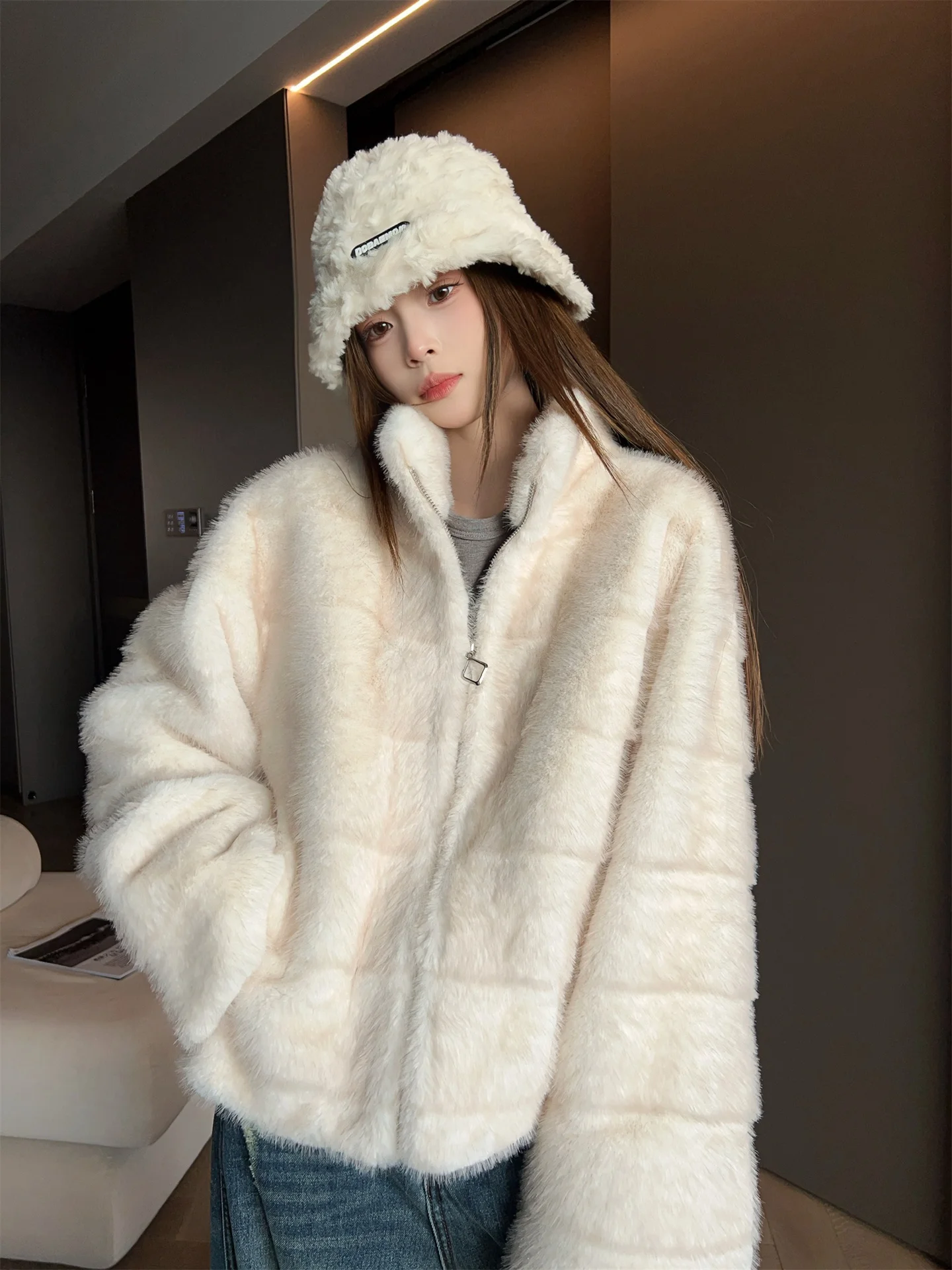 Retro Plu Outerwear Women's Loose Fur And Leather Inteated  Simple Sle Long Sve Zipper Closure  Color