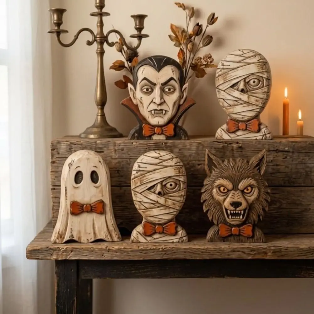 Terrifying Atmosphere Wooden Halloween Ornaments Gothic Spooky Witch Statue Decoration Blood Man 2D Printed Ghost Figurine Home