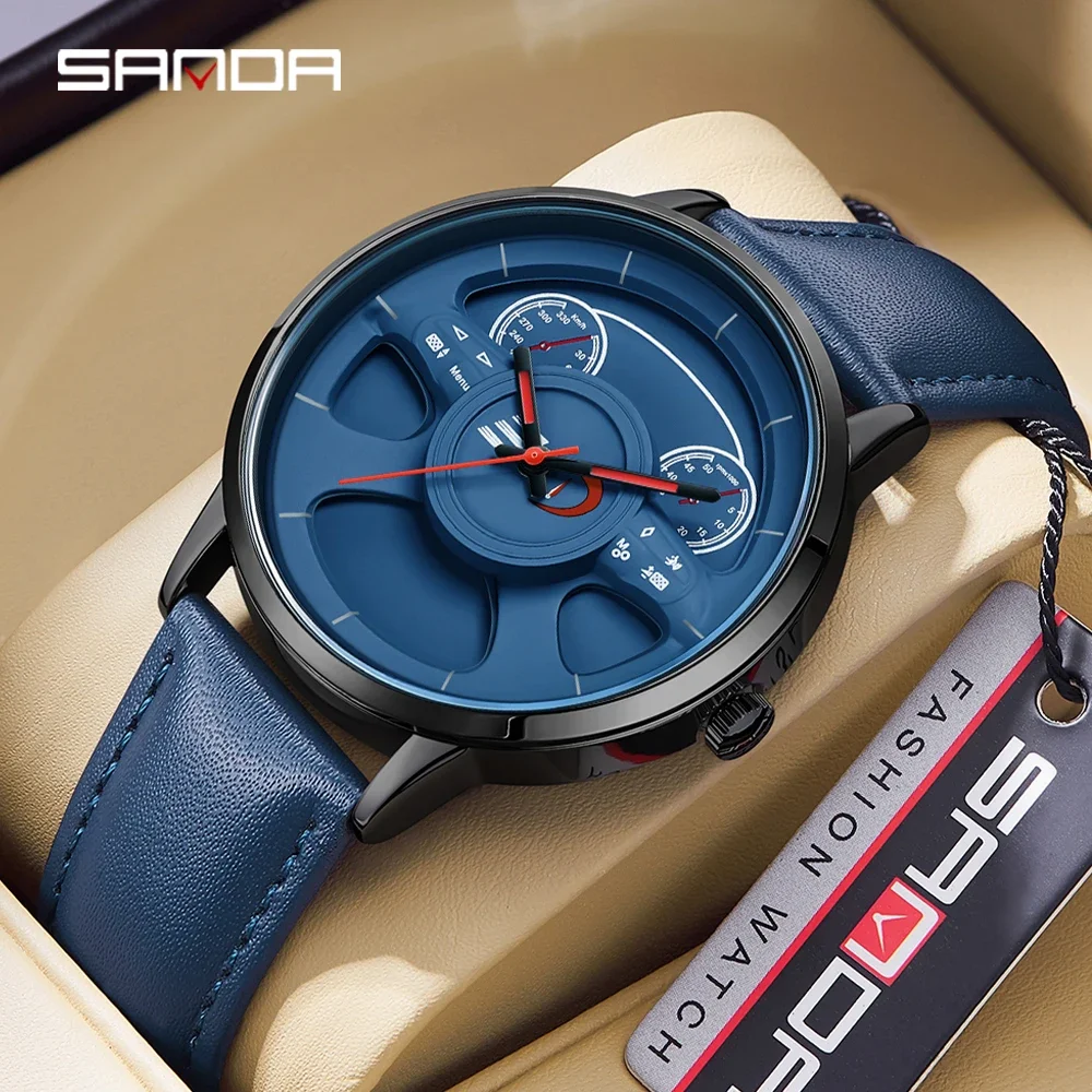 

SANDA 1138 New Arrival Leather Band Car Spinning Rim Hub Men's Watches Custom Design Quartz Wristwatch Waterproof Wheel Watch