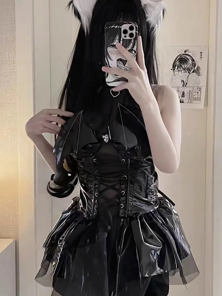 

Gothic Lolita Sexy Little Devil Cosplay Demon orm loween Leather Dr Set Tight Fit A-Line Skirt Svel round Ne