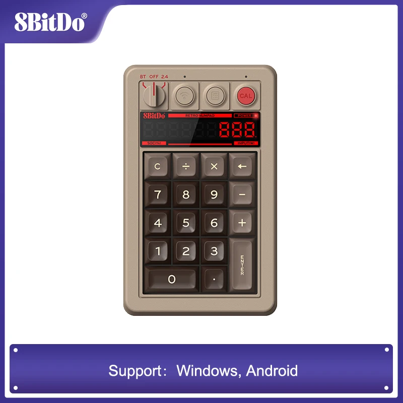 8BitDo Retro 18 Mechanische Numpad Calculator Modus Tri-mode Bluetooth 2.4G USB Bedraad Hot-Swappable Kailh PBT LED Numpad voor Windo