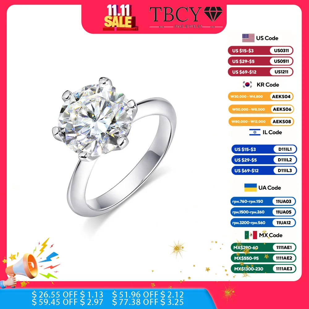 

Женское кольцо с муассанитом TBCYD, обручальное кольцо из серебра пробы с родиевым покрытием и бриллиантами 10 карат D, VVS1, классическое Ювелирное Украшение