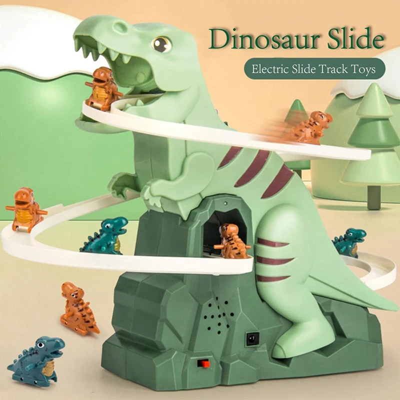 Toddler Dinosaur Climbing Slide Stairs Toy Race Track Game Set Electric Adventure Slide Roller Coaster With Light Music Kid Gift