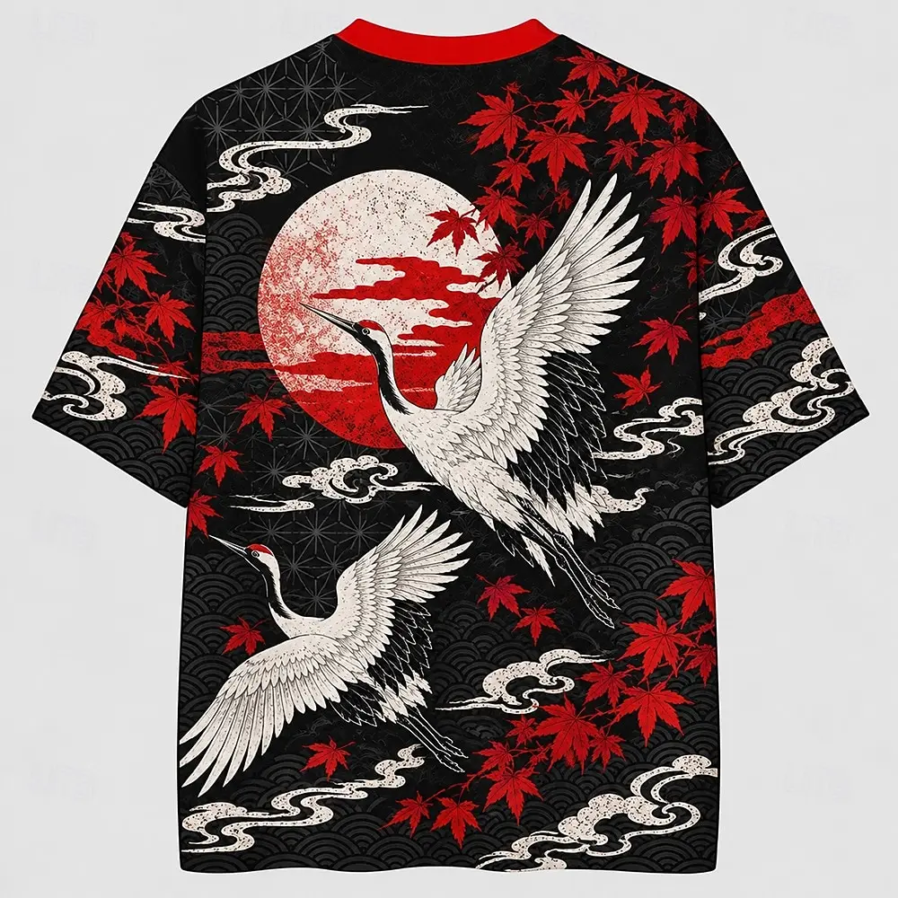 Vintage Red-crowned Crane V-Neck Mesh Tee for Men Women Maple Leaf Full Moon All Over Print Top Casual Party Holiday Clothing