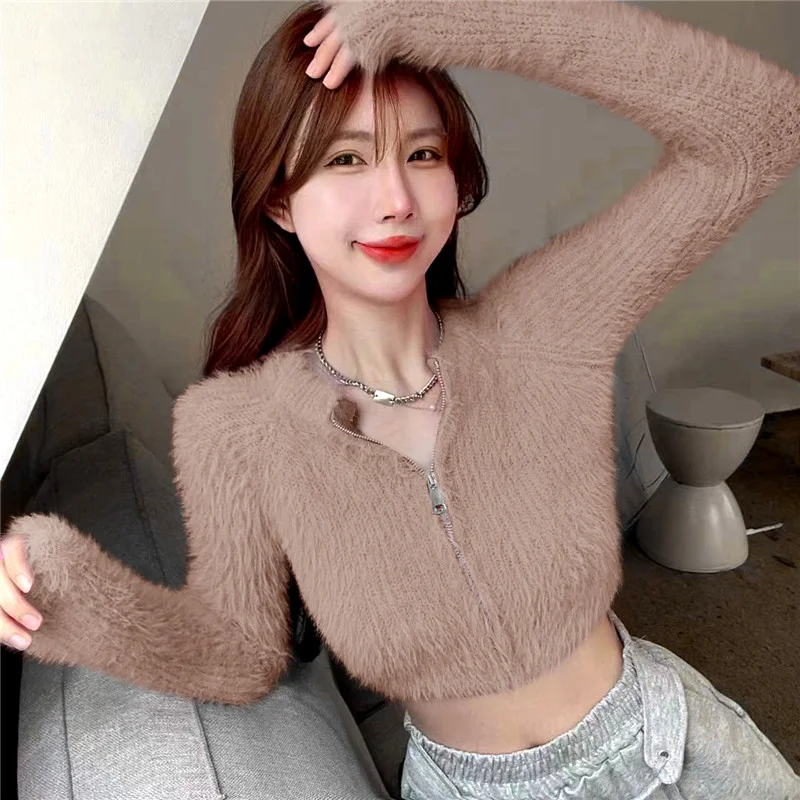 Kawaii Mohair Zipper Sweater Sueter White Fur Cropped Cardigan Knitted Jacket Korean Fashion Clothes Pink  Tops Women