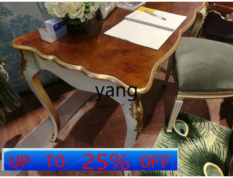 

CX Premium Blue Gray Wood Leather Table Inlaid Copper Desk RETRO Study Furniture