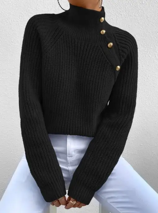 

Сплошной цвет, украшение на пуговицах с высоким воротом, вязаный свитер с длинными рукавами для зимы, женский модный облегающий свитер с длинными рукавами