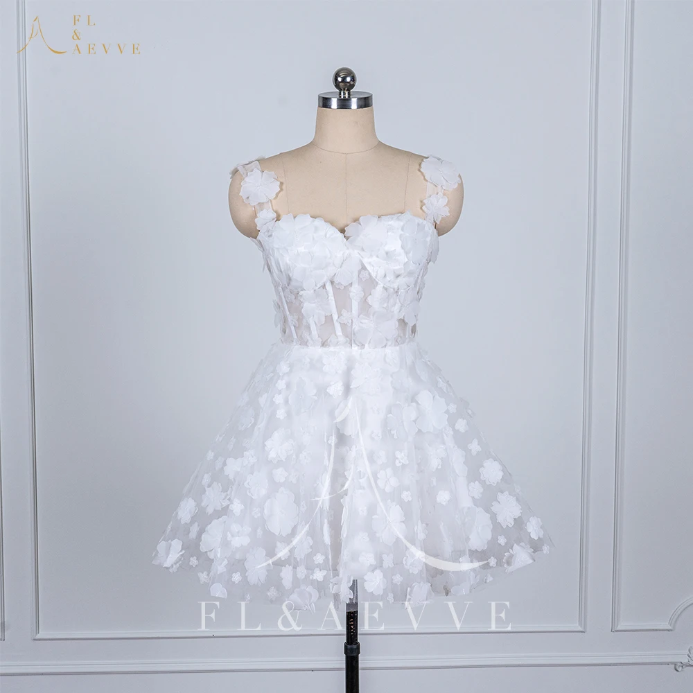 Weiße Mini-Hochzeitskleider, 3D-Blumen-Spitze-Stickerei, Brautkleid, ärmellos, Schnürung, Spaghettiträger, Abschlussball-Partykleid, individuell