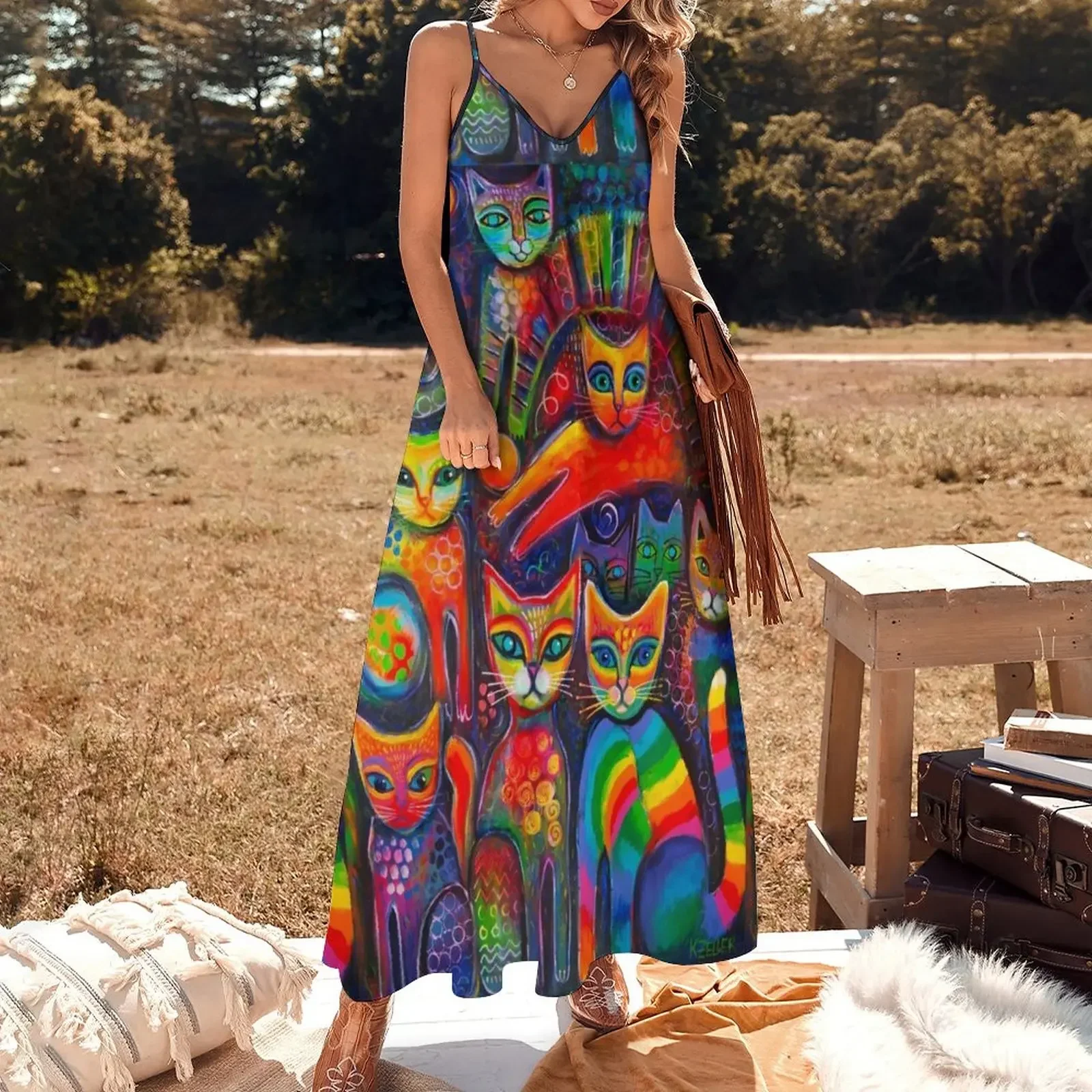 Rainbow cats acrylics Sleeveless Dress dress women summer african dresses for woman Casual dresses Dress