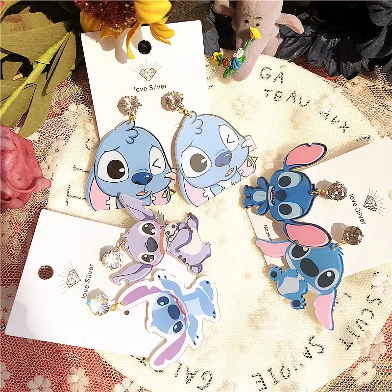 Disney Lilo & Stitch Earrings Kawaii Cartoon 925 Silver Earring Stylish Acrylic Fashion Accessories for Kids Birthday Gift