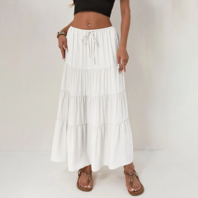 HX6F Womens Maxi Skirts, Elastic High Waist A-Line Tiered, Long Flowy Skirts, Casual Beach & Vacation Wear
