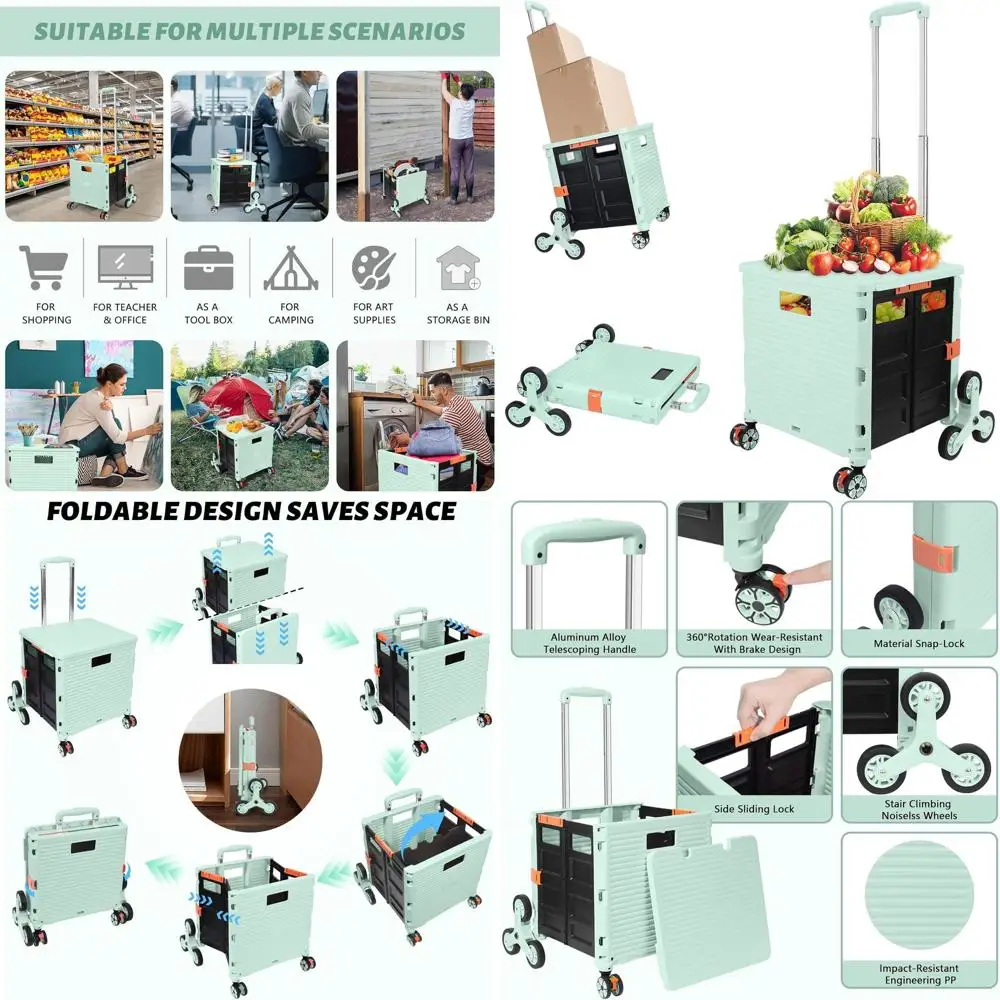 

Portable Folding Utility Cart with Stair Wheels & Swivel Handle for Various Uses (Green)