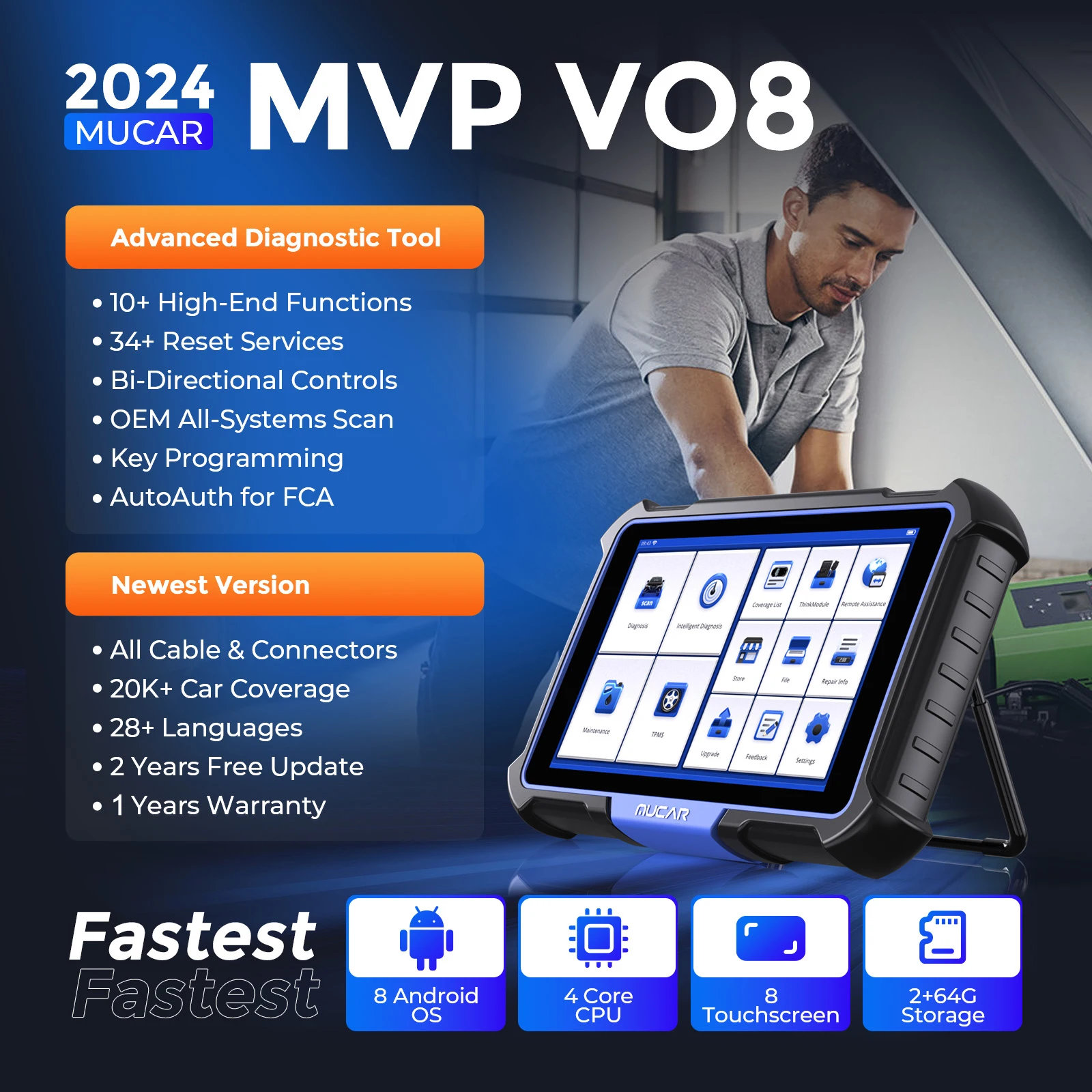 MUCAR VO8 Lifetime Free Auto Scanner ECU Coding Bidirectional Control Key Programming OBD2 Code Reader Car Diagnostics Tool