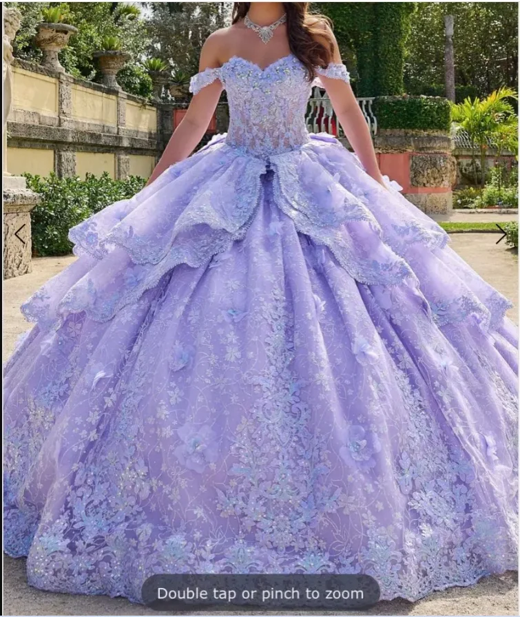 

EVLAST Customized Mexican Lilac Quinnceanera Dress Ball Gown Lace Applique Beaded Cape Corset Sweet 16 Vestidos De 15 Anos SQ585