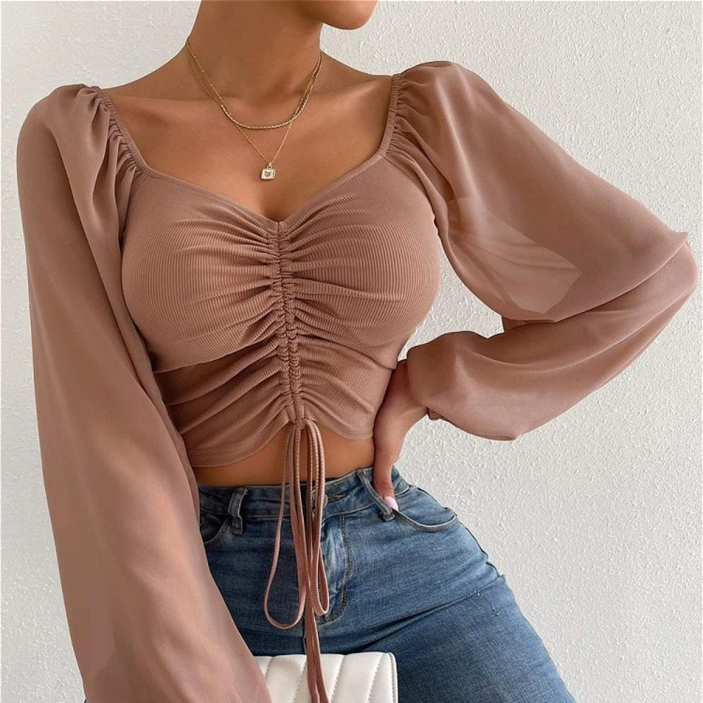 

Women's Low Cut Sexy V-Neck Slim Fit Soft Fabric Chiffon Lantern Long Sleeve Chest Wrapped Drawstring Pullover T-shirt