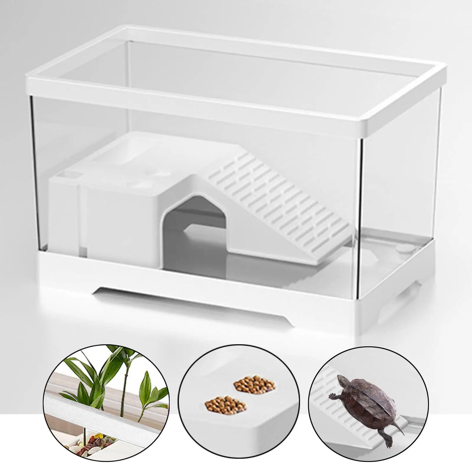 Tanque de tortuga transparente con área de alimentación de raza, jaula para hábitat de reptiles, tanque de tortuga, caja de drenaje inferior,
