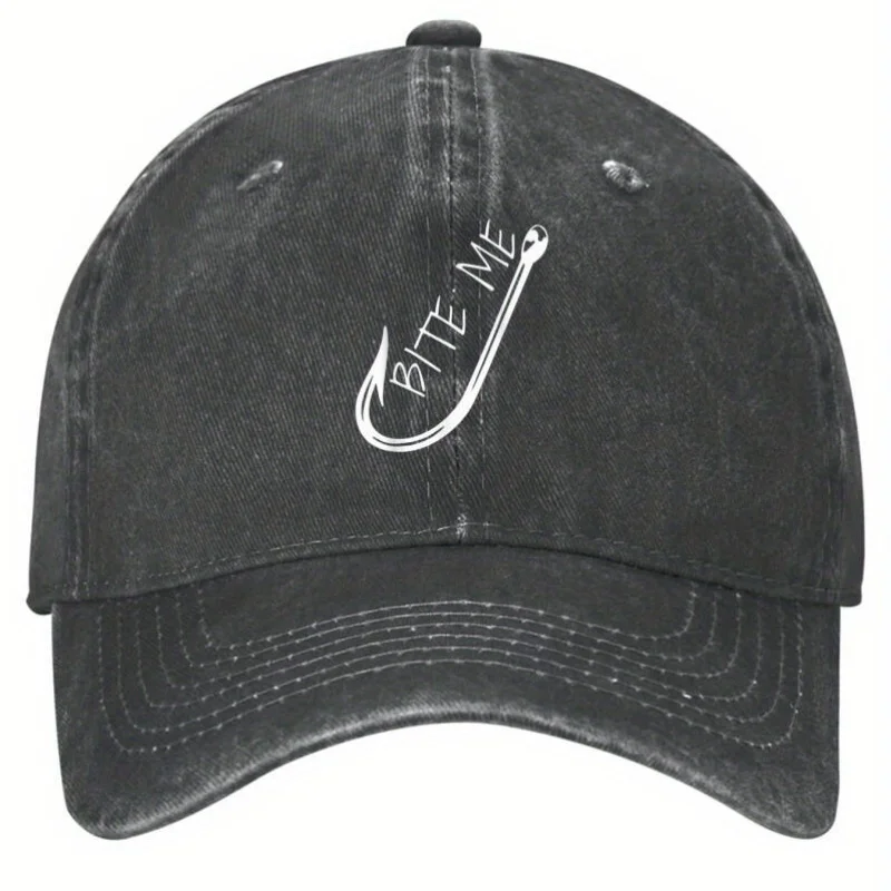 Bite Me Fishing Hook Graphic Baseball Cap Vintage Distressed Polyester Casual Outdoor Hat for Men Women