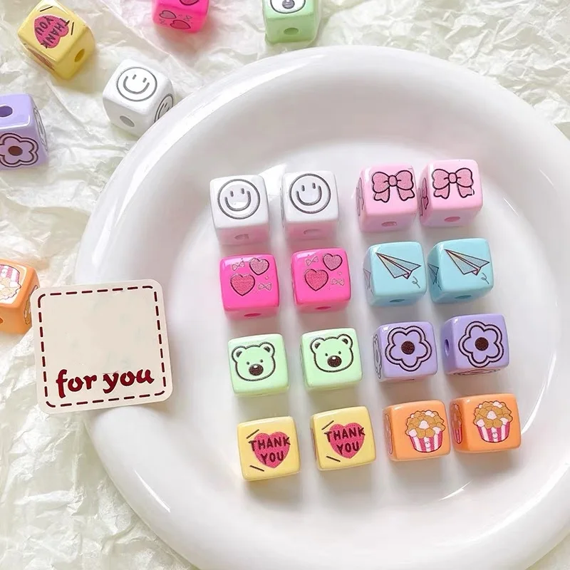 Wholesale 50pcs/lot 14mm color pattern print geometry square shape resin straight hole beads diy jewelry accessory