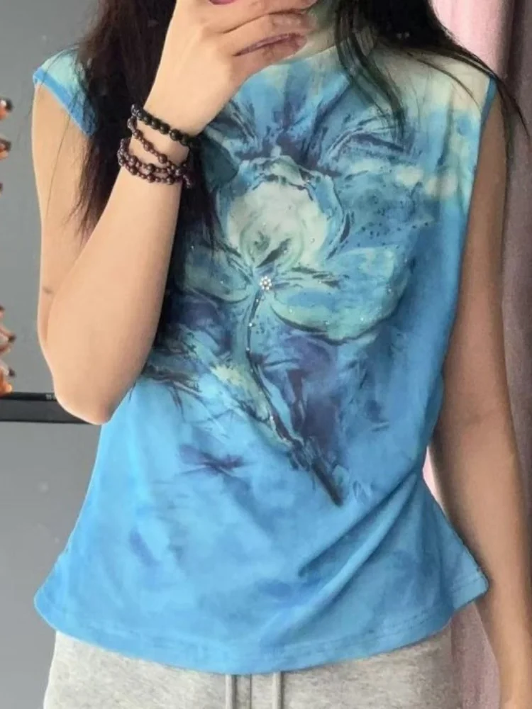 

Y2K Retro Harajuku Style Blue Blended Printed Women's T-shirt Summer American Fashion Style Women's Half High Collar Tops emo