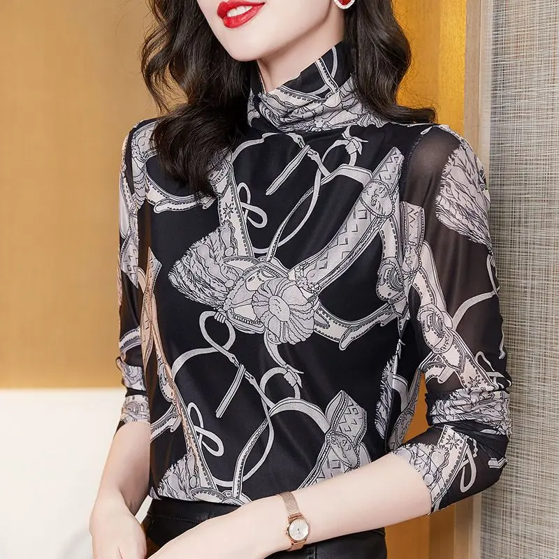 

Lace Shirt for Women Autumn New Thin Letter Sexy Long-sleeved T-shirt for Women Half Turtleneck Mesh Bottoming Shirt Trendy