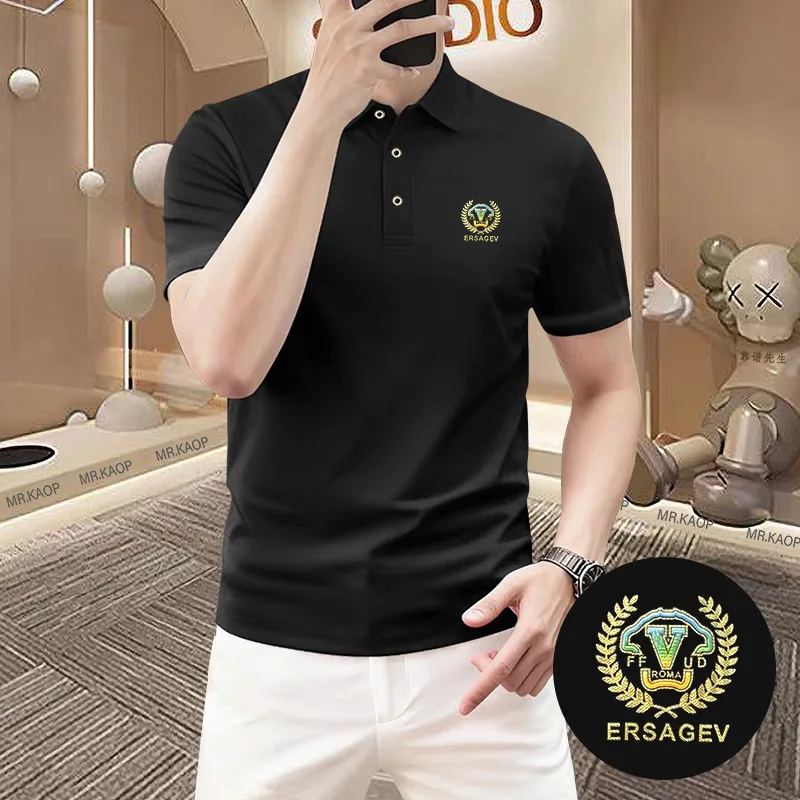 Premium Skin Men Summer Polo Shirt Small Bright Color Embossed Logo Slim Lapel Neck Multipurpose Casual Short Sleeve Basic Tops