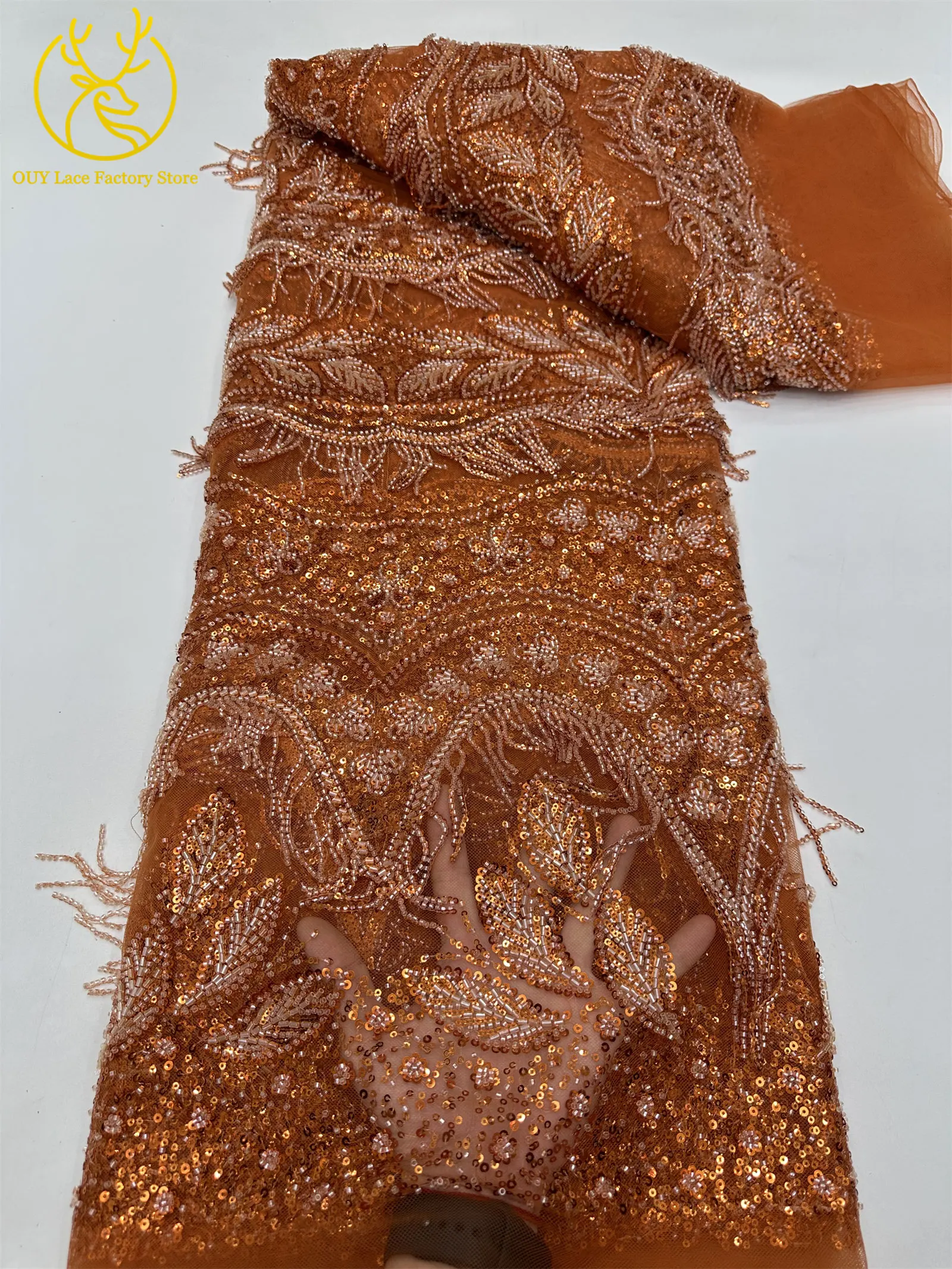Goldener 3D-Hängeperlen-Spitzenstoff, hochwertiger afrikanischer Spitzenstoff, luxuriöser französischer Tüll mit Pailletten für Hochzeits- und Partykleider – Detail 18
