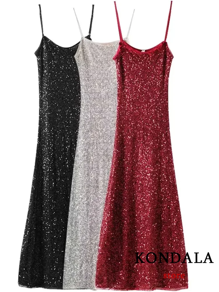 

KONDALA Sexy Chic Women Party Dress Sequined Sleeveless Straight Nightclub Cami Dress Fashion 2024 Shiny Elegant Female Dress