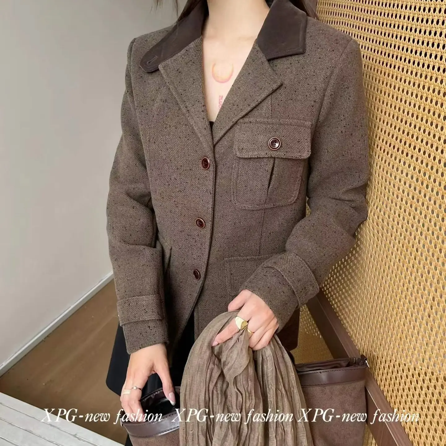 Women Speckled Tweed Stand Collar Single Breasted Multi Flap Pocket Hunting Jacket, Vintage Casual Warm Winter Commuter Outerwea