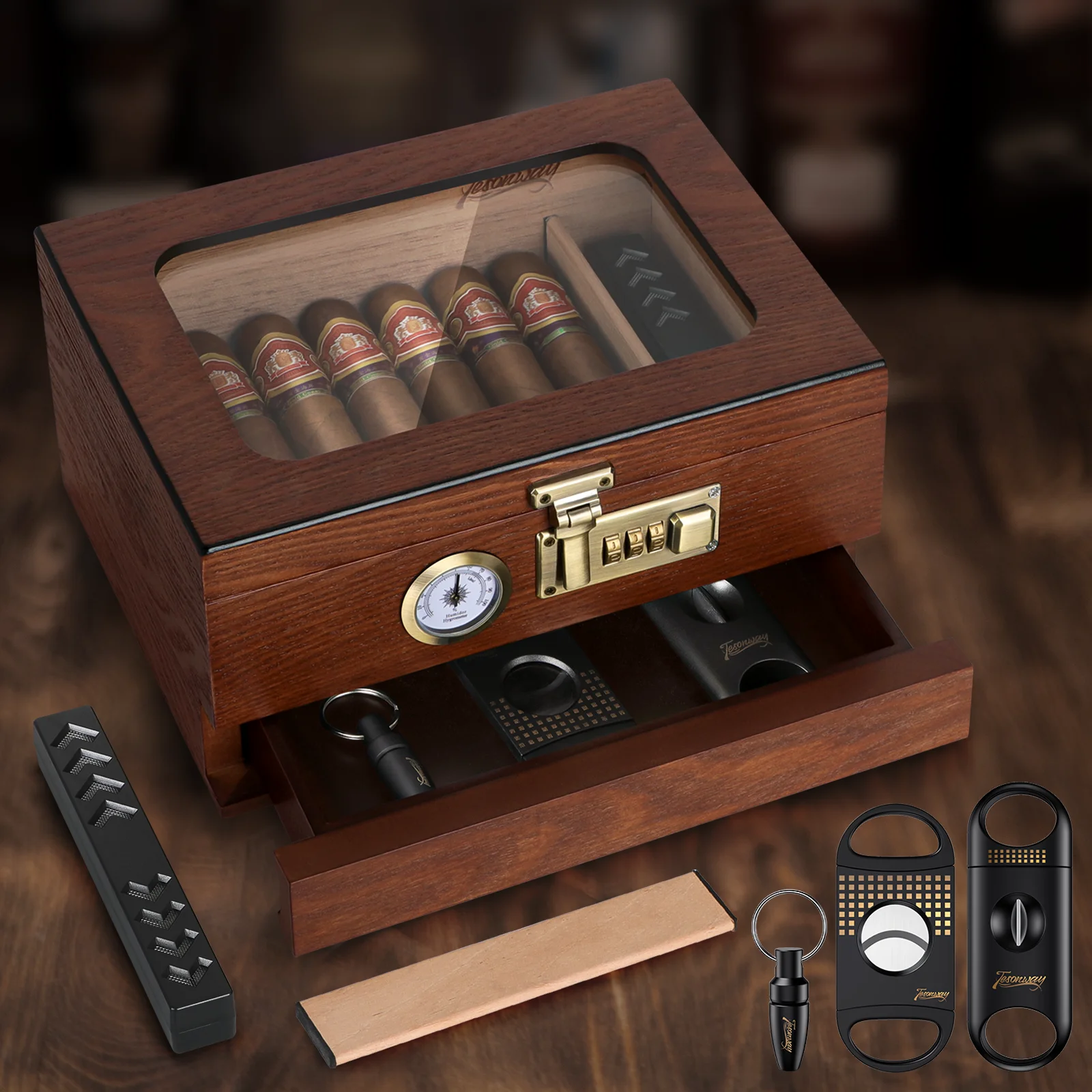 

Cedar Wood Cigar Humidor,Glass Top Desktop Box with Front Hygrometer,Humidifier,Divider,Accessories Drawer and Combination Lock
